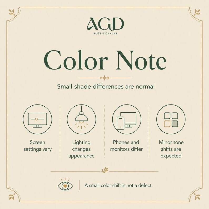 The image is a color note from AGD Pugs & Canvases, providing information about color shifts and their normalization.