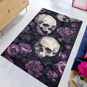 Skull Rug, Skull and Purple Flower Rug, Skull Pattern Rug, Floral Skull Rug, Non Slip Rug, Popular Rug, Washable Printed Rug, Decorative Rug
