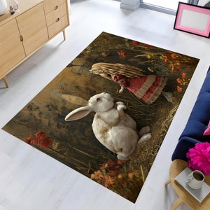 White Rabbit And Alice In Wonderland Rug,Alice In Wonderland Rug,Chıld Room Rug,Cartoon Heroes Rug,Movie Room Rug,Wonderland Design Rug,Gift