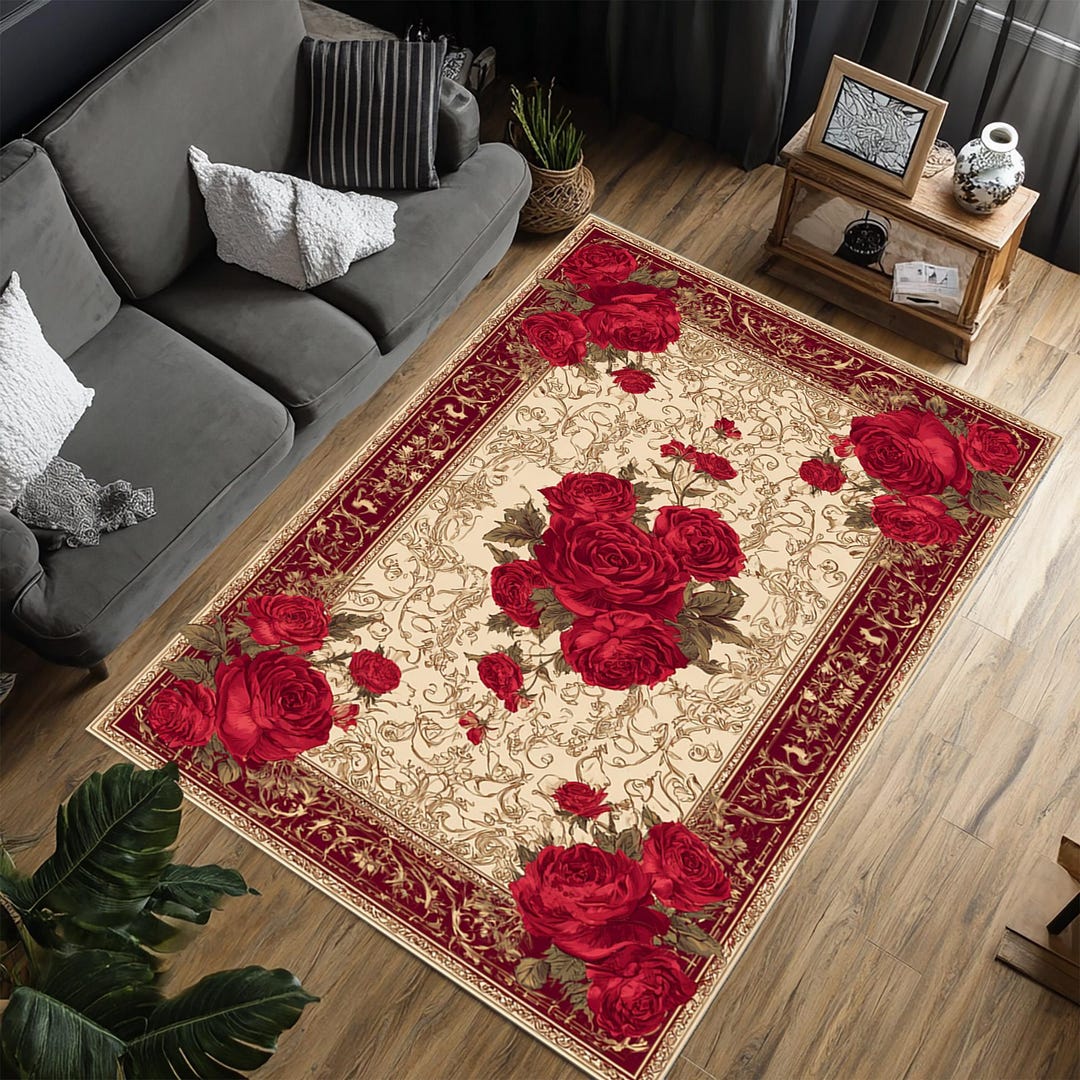 Vintage Red Rose Rug, Floral Area Rug, Romantic Victorian Carpet ...