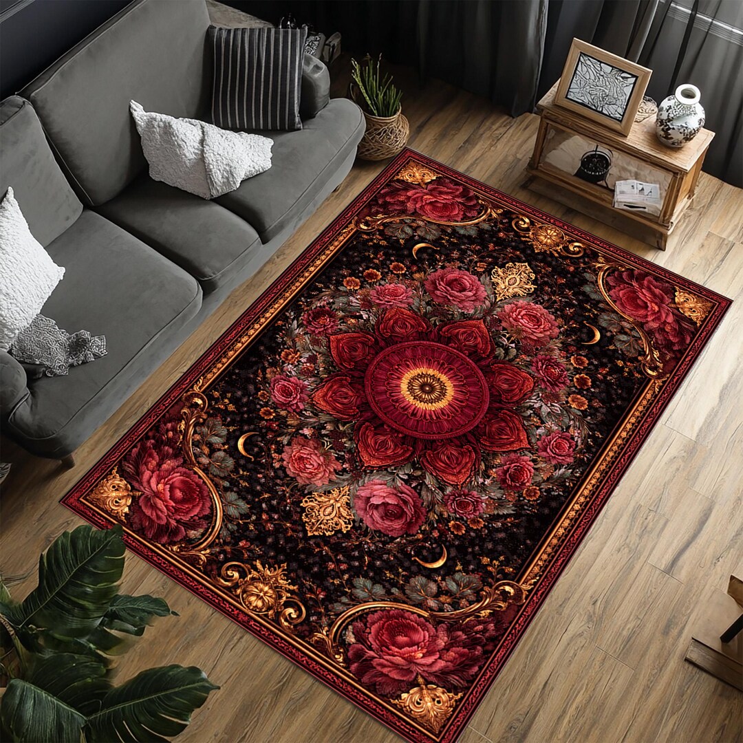 Gothic Red Floral Rug, Dark Romantic Rose Carpet, Baroque Vintage Area ...