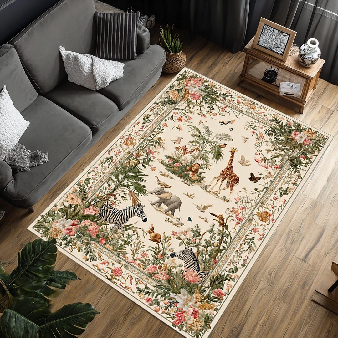 Safari Jungle Animal Rug, Boho Tropical Kids Room Carpet With Giraffe ...
