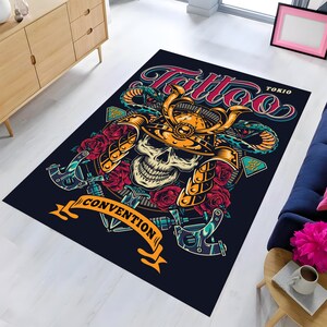 Colorful Tattoo Concept Rug,Tattoo Rug,Tattoo Art Print Vintage Rug,Tattoo Decor Rug,Skull Rug,Skulls Tattoo Rug,Cheap Rug,Fashion Rug,Gift