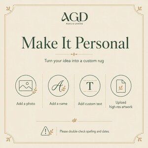 The image is a poster with instructions on how to create a custom rug using a photo, name, and custom text. It includes icons for adding a photo, a name, custom text, and high-res artwork. The poster also includes a warning to double-check spelling and dates.