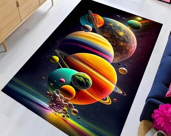 Planets Rug, Washable Printed Rug, Solar System, Non Slip Area Rug