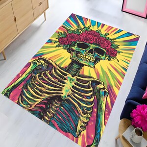 Skull Rug, Skull and Red Flower Rug, Skull Pattern Rug, Floral Skull Rug, Non Slip Rug, Popular Rug, Washable Printed Rug, Decorative Rug