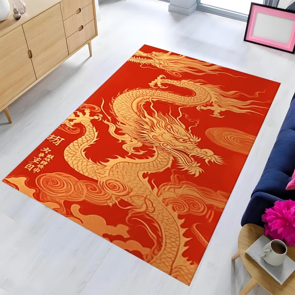 Tapis dragon japonais, tapis moderne design japonais rouge, tapis dragon chinois, tapis dragon asiatique, tapis de salon, tapis antidérapant, tapis dragon rouge