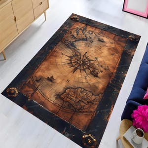 Tapis à motif carte, Tapis de navigation ancien à motif carte, Tapis design boussole, Tapis personnalisable, Tapis de salon, Tapis à motif papyrus, Tapis populaire