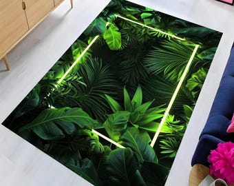 Green Leaf Rug, Tropical Leaf Rug, Tropical Jungle Rug, Tropical Print Rug, Non Slip Rug, Popular Rug, Washable Printed Rug, Decorative Rug