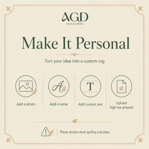 The image is a poster with instructions on how to create a custom rug using a photo, name, and custom text. It includes icons for adding a photo, a name, custom text, and high-res artwork. The poster also includes a warning to double-check spelling and dates.