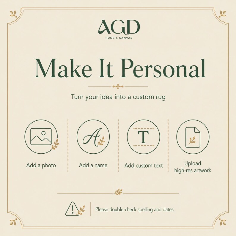 The image is a poster with instructions on how to create a custom rug using a photo, name, and custom text. It includes icons for adding a photo, a name, custom text, and high-res artwork. The poster also includes a warning to double-check spelling and dates.