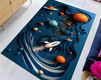 Planets Rug, Non Slip Rug, Washable Printed Rug, Solar System