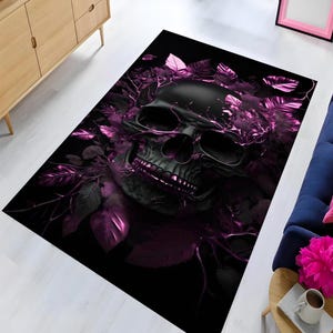Skull Rug, Skull and Purple Flower Rug, Skull Pattern Rug, Floral Skull Rug, Non Slip Rug, Popular Rug, Washable Printed Rug, Decorative Rug