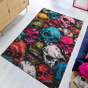 Skull Rug, Skull and Colorful Rug, Black Gothic Rug, Floral Skull Rug, Non Slip Rug, Popular Rug, Washable Printed Rug, Decorative Rug