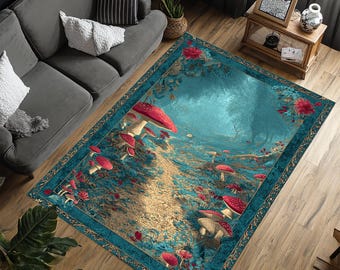 Fairy Forest Rug, Mushroom Path Carpet, Fantasy Nature Area Rug