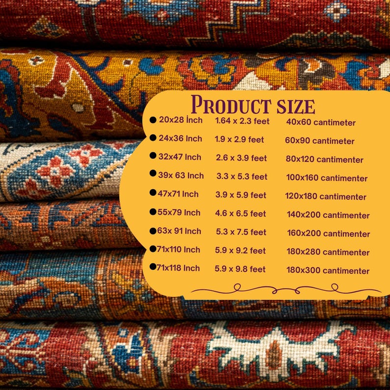 May include: A stack of colorful, patterned rugs with a product size chart. The chart lists rug sizes in inches and feet, with corresponding measurements in centimeters. The rugs display intricate designs in red, blue, and gold.