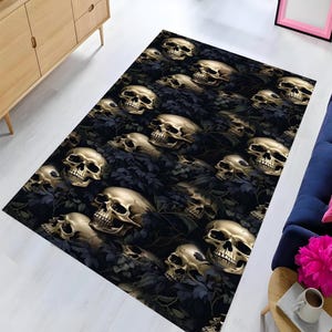 Skull Rug, Skull and Black Rose Rug, Black Gothic Rug, Floral Skull Rug, Non Slip Rug, Popular Rug, Washable Printed Rug, Decorative Rug