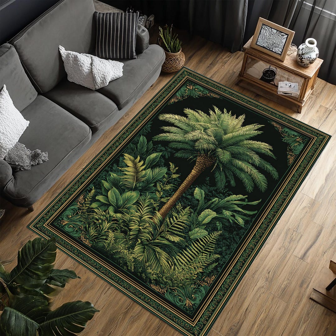 Tropical Palm Tree Rug, Botanical Jungle Area Rug, Green Nature Carpet ...