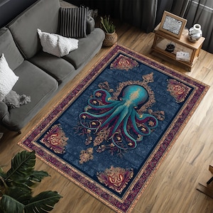Tapis pieuvre, tapis gothique pieuvre, tapis pieuvre, tapis pieuvre vintage, tapis animaux, tapis populaire, carpette, tapis de salon
