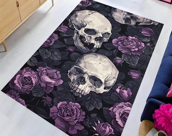Skull Rug, Skull and Purple Flower Rug, Non Slip Rug