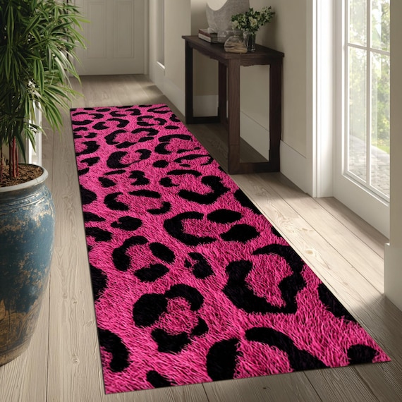 Pink Leopard Rug, Hot Pink Animal Print Runner Rug, Y2K Aesthetic