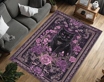 Gothic Black Cat Rug, Floral Dark Academia Rug, Living Room Rug
