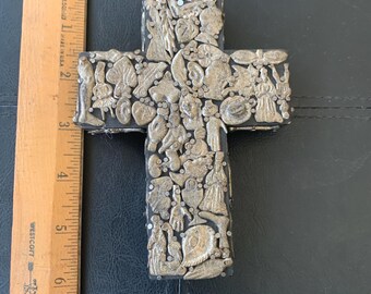 Mexican Pewder Milagro Wooden Cross, 1980s
