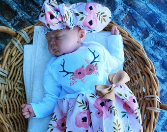 Boho Deer Antlers: Personalized Floral Gown & Turban for Newborn Girl Coming Home Outfit - Newborn Baby Gifts - New Mother Gifts