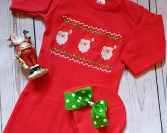 Personalized Newborn Girl Christmas Outfit – Santa Gown & Beanie