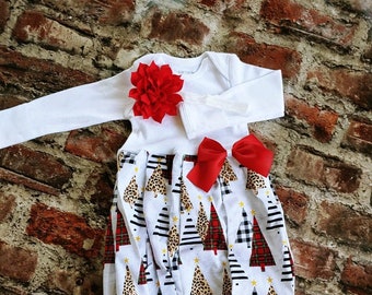 Newborn Christmas Gown Set: Floral Tree Print, Leopard Ruffle, Headband