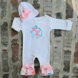 Newborn Girl Coming Home Outfit Monogrammed = Floral Footie Romper with Swaddling Blanket = Personalized Gifts For Baby Girl - Shower Gift