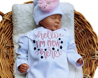 Hello, I'm New Here: Baby Girl Coming Home Outfit - Layette Gown, Beanie - Baby Girl Shower Gifts - Gifts for Twins - Swaddling Set - Girl