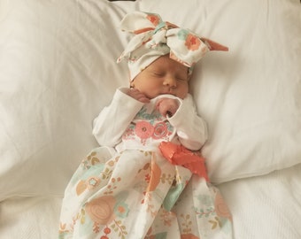 Newborn Girl Coming Home Outfit Personalized Floral Gown Turban Coral Mint Baby Girl Shower Gifts Take Home Outfit Floral Deer Antlers Baby