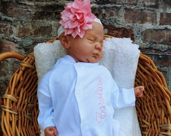 Newborn Girl Coming Home Outfit - Monogrammed Footie Bodysuit Headband - Swaddling Blanket - Take Home Outfit - Baby Shower Monogrammed Gift