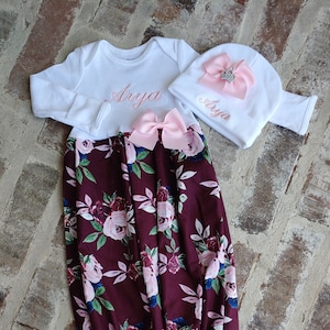 Personalized Newborn Girl Floral Gown and Beanie Set