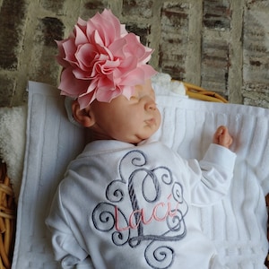 Newborn Girl Coming Home Outfit - Monogrammed Floral Scroll Footie -Romper Beanie Swaddling Blanket - Take Home Outfit Personalized Gift