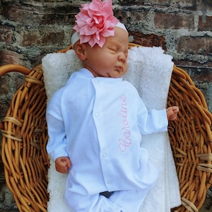 Newborn Girl Coming Home Outfit - Monogrammed Footie Bodysuit Headband - Swaddling Blanket - Take Home Outfit - Baby Shower Monogrammed Gift