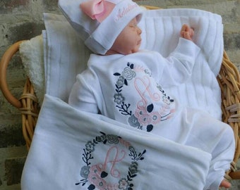 Personalized Floral Newborn Girl Coming Home Set: Romper, Beanie & Swaddle Blanket