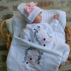 Personalized Floral Newborn Girl Coming Home Set: Romper, Beanie & Swaddle Blanket