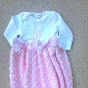 Personalized Newborn Girl Minky Gown: Damask Bow Take Home Outfit