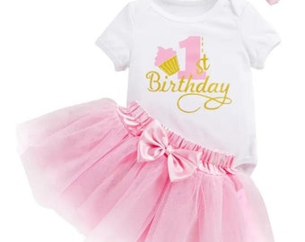 Baby Girl 1st Birthday Outfit - First Birthday Tutu Bodysuit with Headband - One Year Old Outfit - Birthday Party Outfit -12-18  months