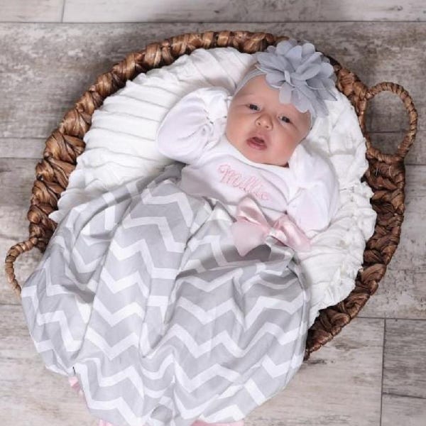 Personalized Baby Girl Coming Home Layette Set: Custom Shower Gifts, Newborn Gown Band