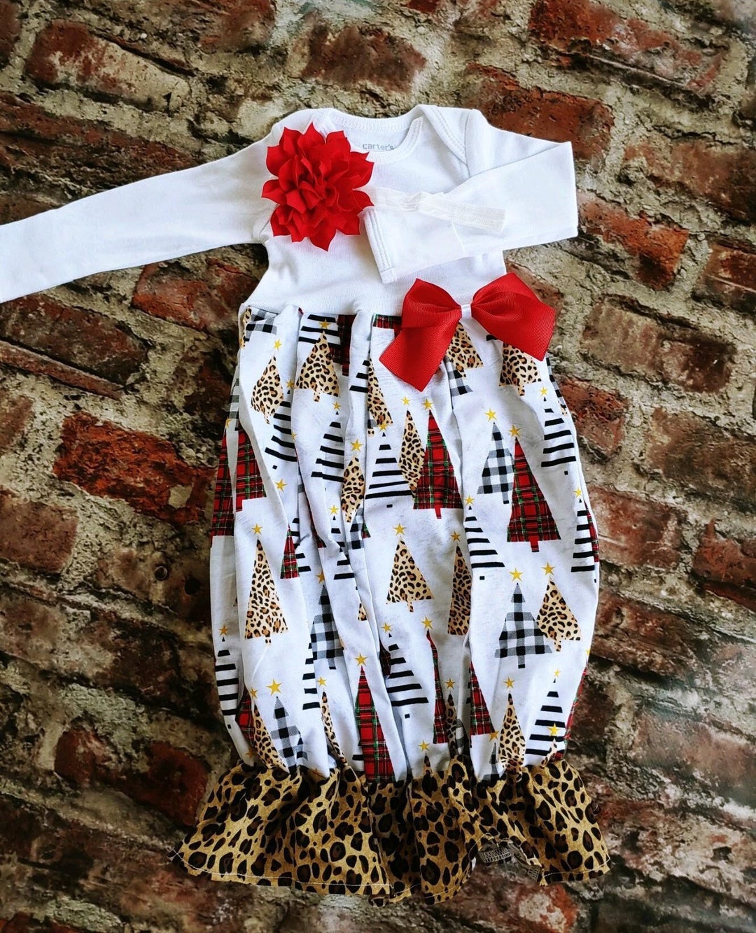 Newborn Girl Coming Home Outfit Christmas Tree Gown Headband Swaddling