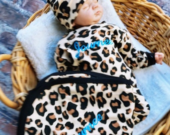 Newborn Girl Coming Home Outfit - Personalized Leopard Romper, Beanie, Swaddling Blanket, Baby Girl Shower Gifts- Hospital Outfit