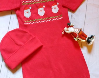 Smocked Santa Baby Boy Outfit: Christmas Layette Gown & Beanie
