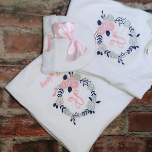 Newborn Girl Coming Home Outfit, Personalized Floral Gown, Beanie, & Swaddling Blanket, Shower Gifts image 10