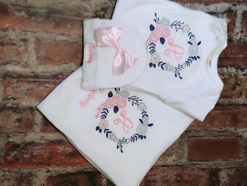 Newborn Girl Coming Home Outfit, Personalized Floral Gown, Beanie, & Swaddling Blanket, Shower Gifts image 10