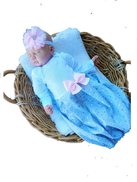 Baby Girl Layette Gown: Pink Gray Newborn Outfit