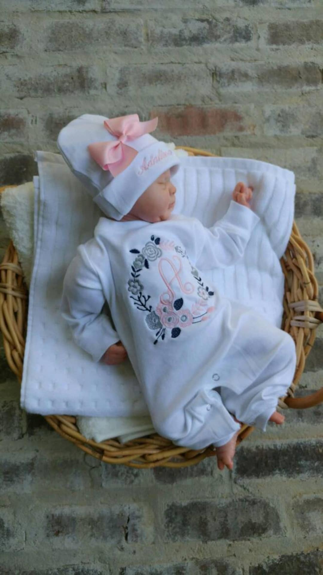 Newborn Girl Coming Home Outfit Monogrammed Floral Footie Romper Beanie