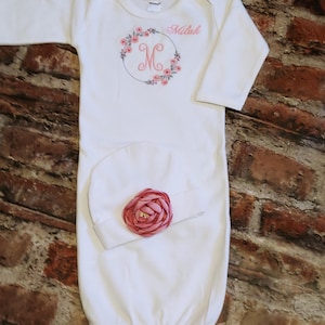 Personalized Newborn Girl Floral Gown, Beanie & Swaddle Set